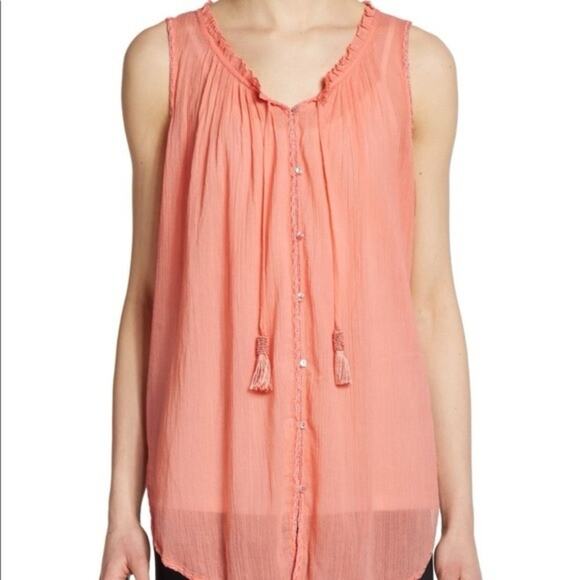 CALYPSO ST. BARTH Jolita Crinkle Cotton Button-Up Tassel Blouse Coral Size S - Picture 1 of 10